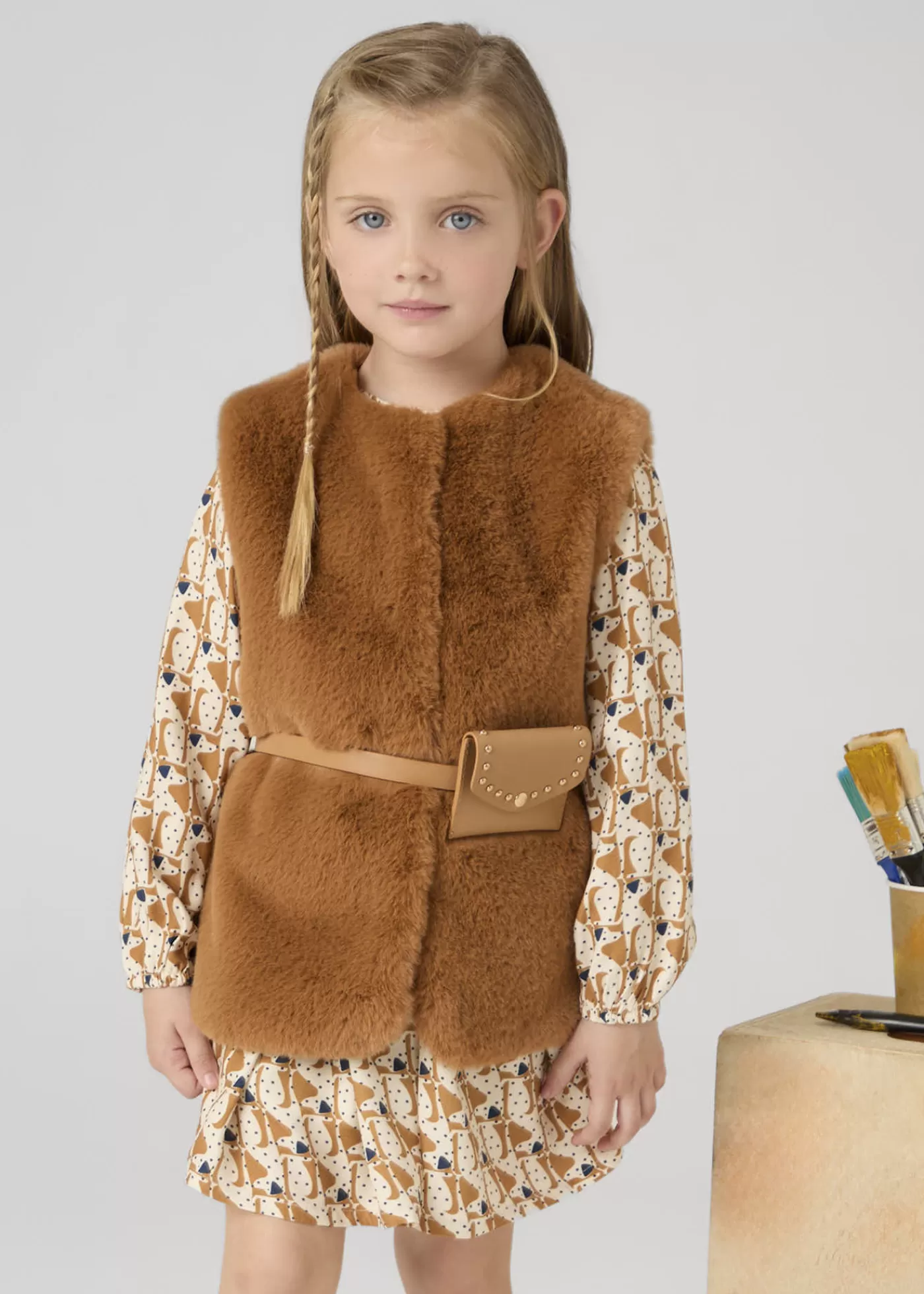 Mayoral Girl Faux Fur Vest with Belt Caramel Discount