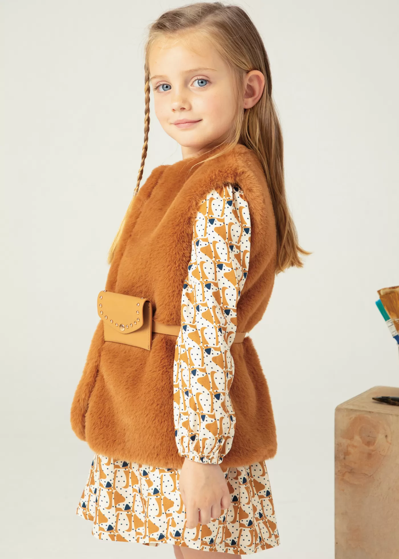 Mayoral Girl Faux Fur Vest with Belt Caramel Discount