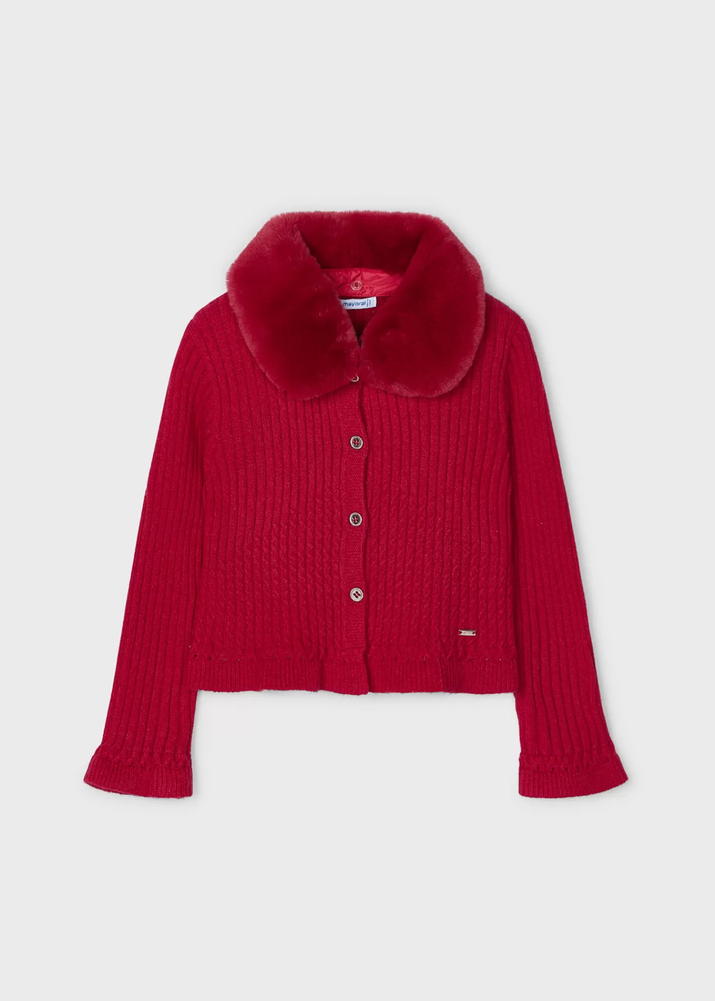 Mayoral Girl Knit Cardigan with Faux Fur Collar Cherry Discount