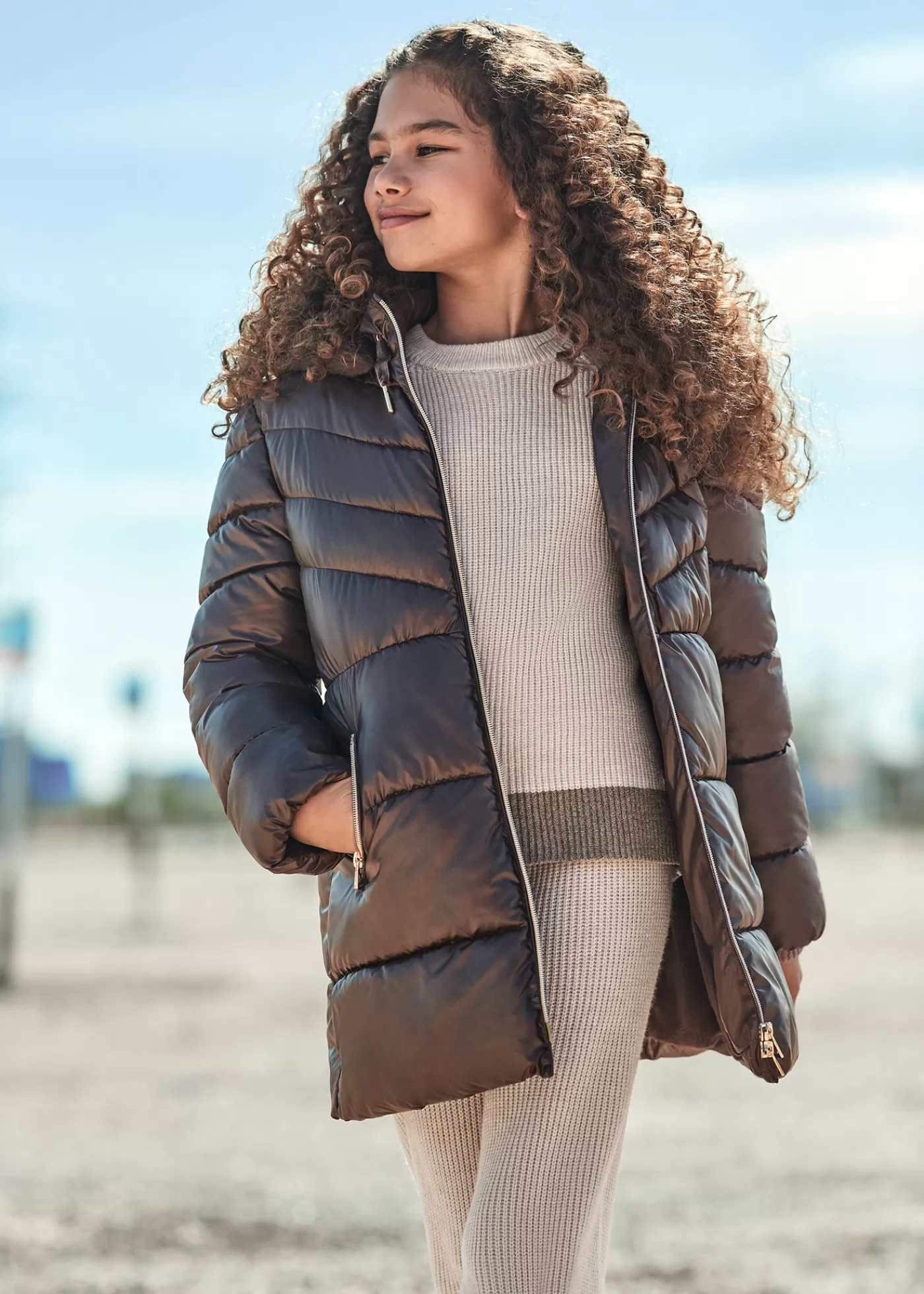 Mayoral Girl Long Sparkly Coat Chocolate Best Sale