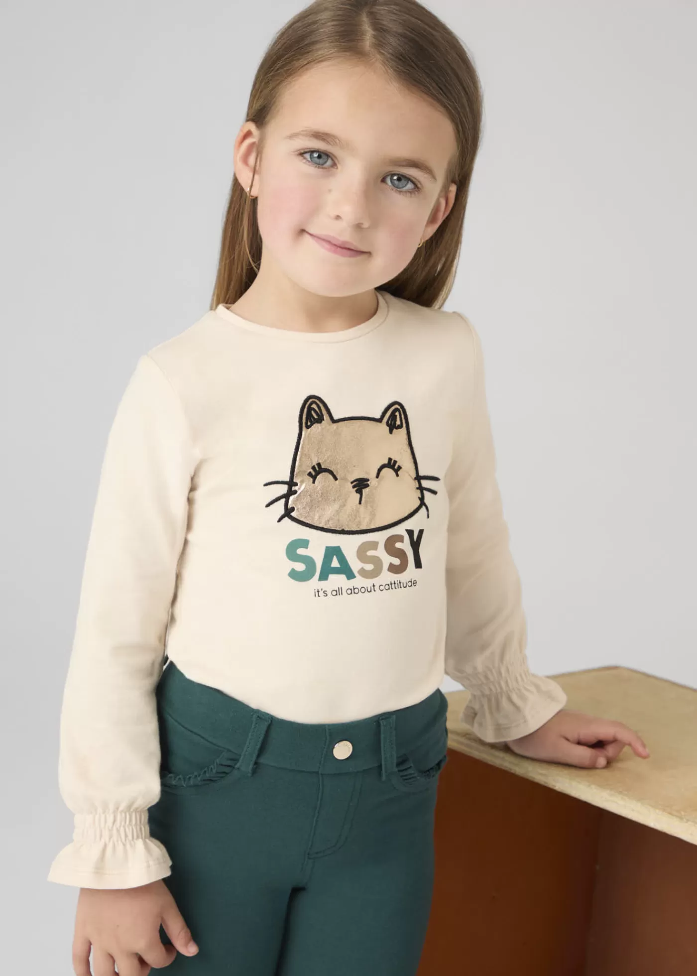 Mayoral Girl Ruched Sleeved Kitten Top Chickpea Best