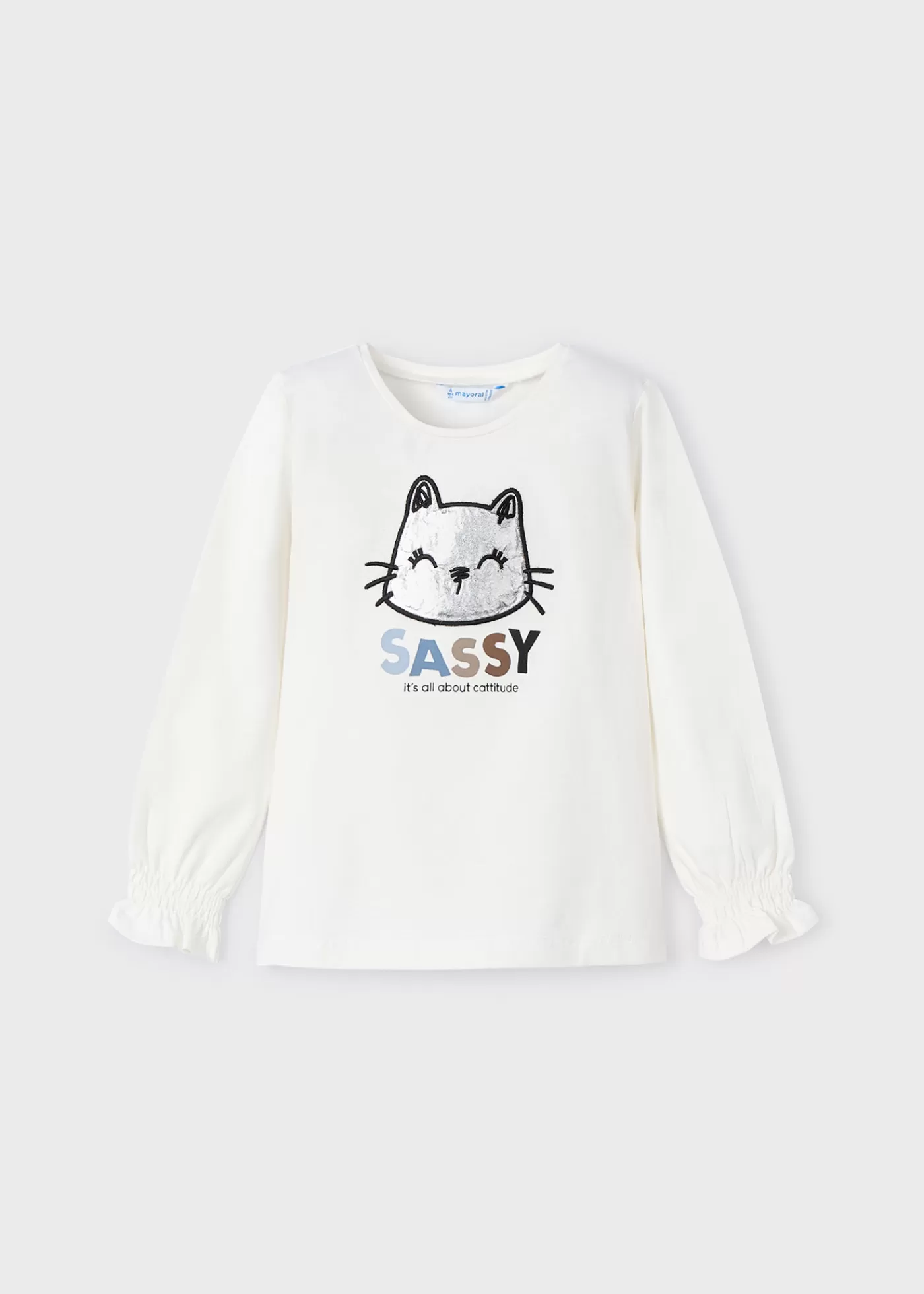Mayoral Girl Ruched Sleeved Kitten Top Offwhite Fashion