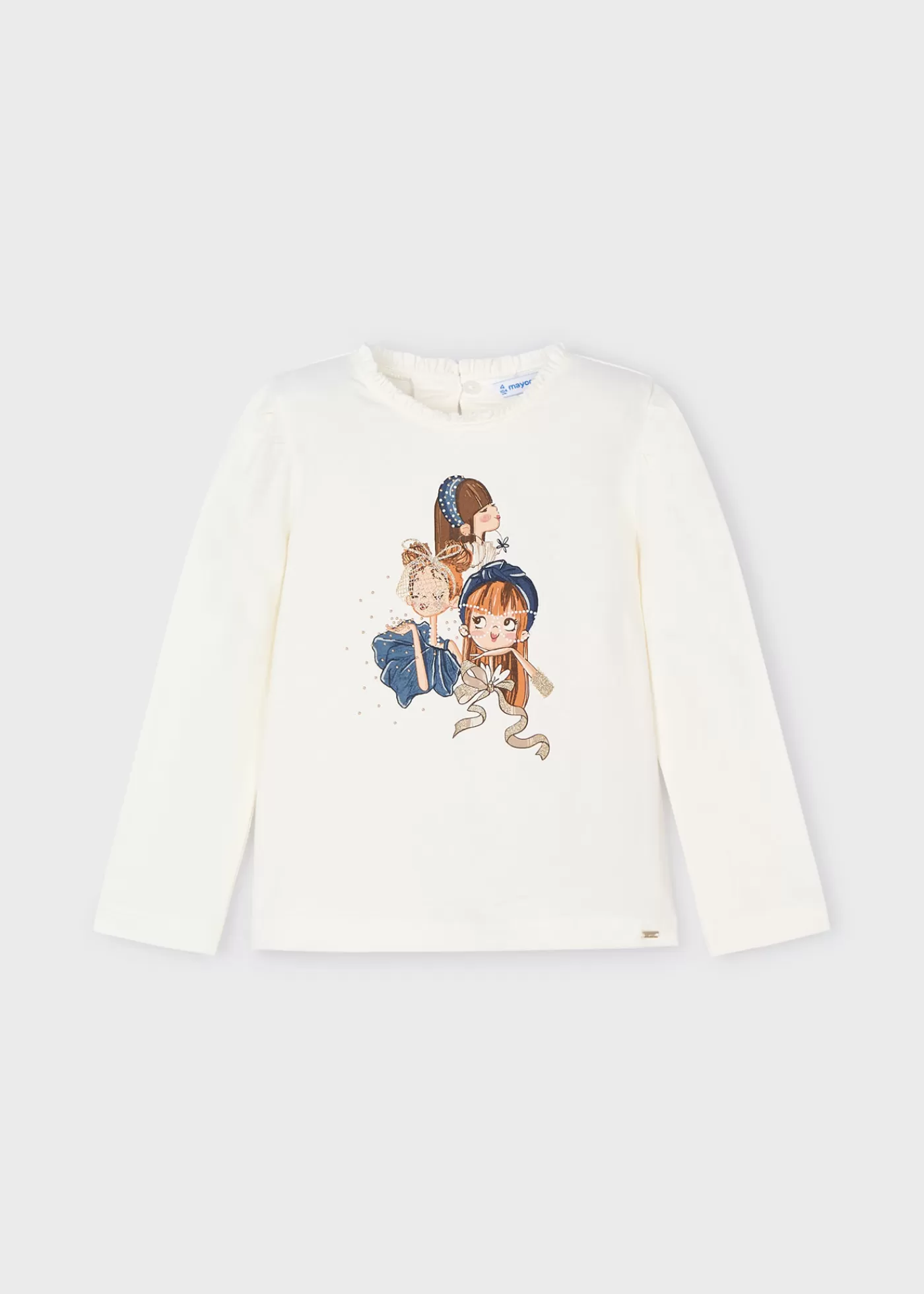 Mayoral Girl Ruffle Neck Print T-Shirt Offwhite-Navy Cheap