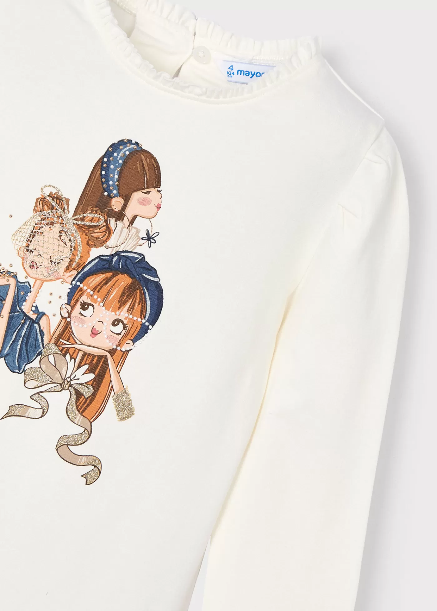 Mayoral Girl Ruffle Neck Print T-Shirt Offwhite-Navy Cheap
