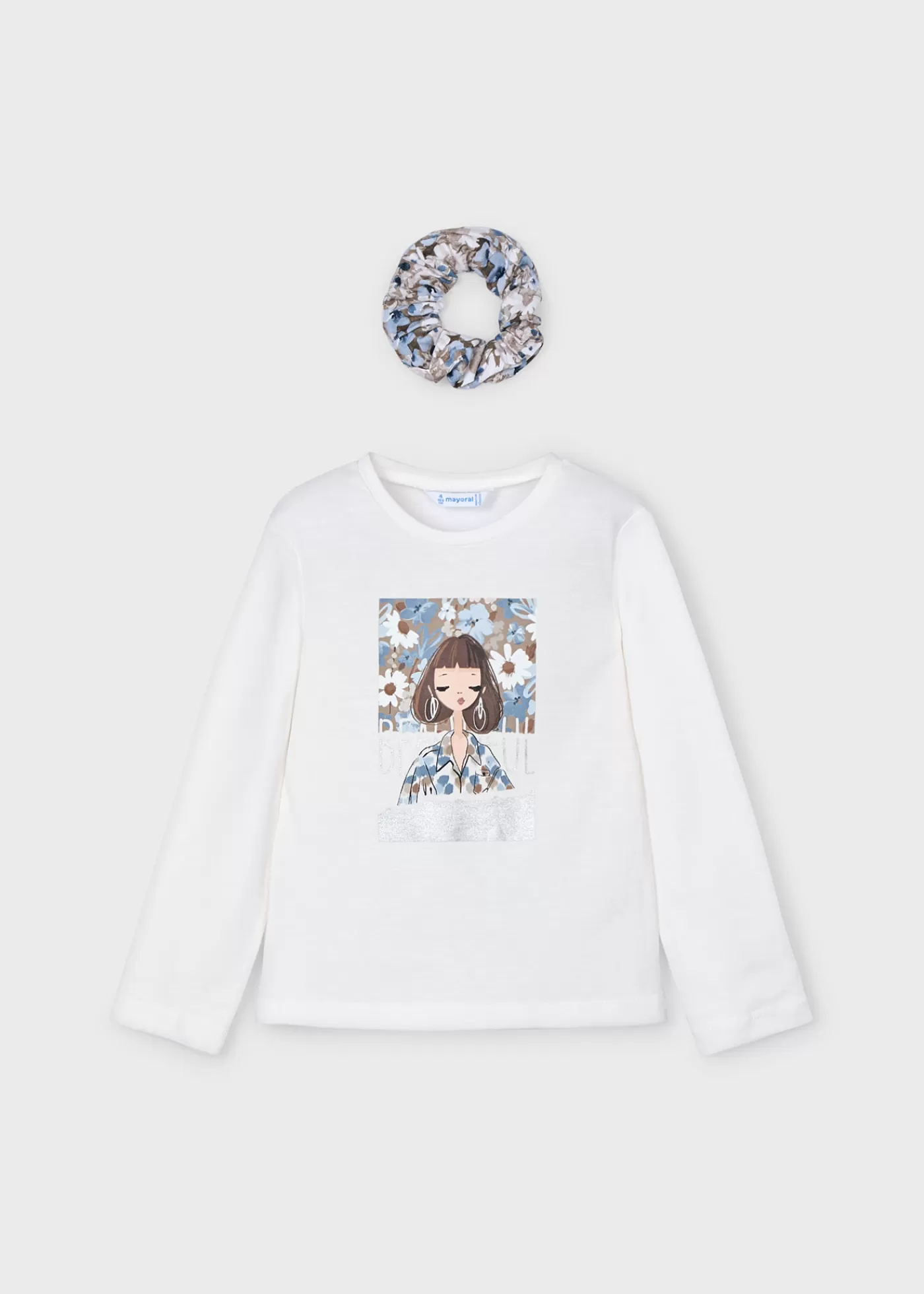 Mayoral Girl T-Shirt with Scrunchie Offwhite-Skyblue Store
