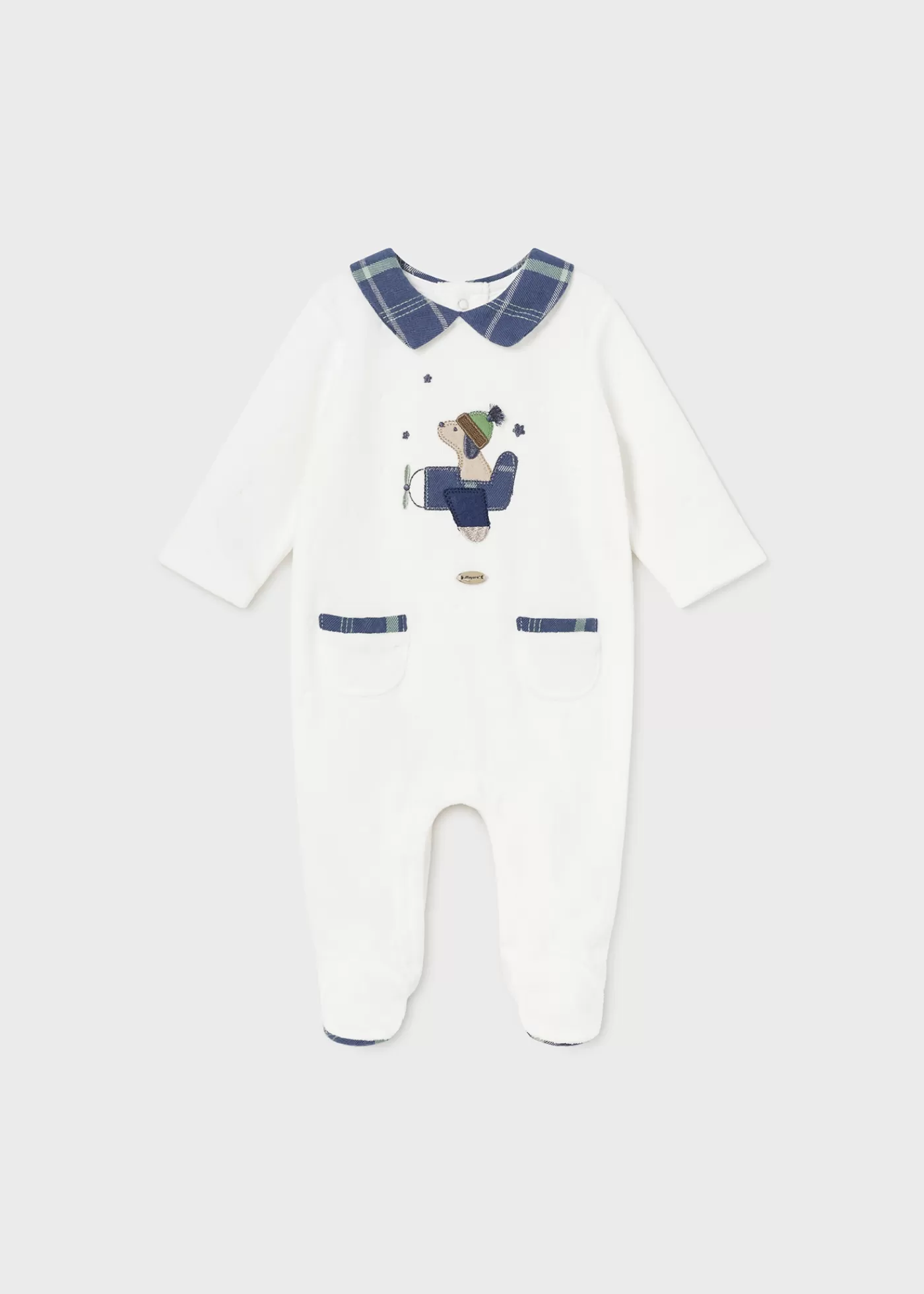 Mayoral Newborn Velour One-Piece with Collar Offwhite Hot